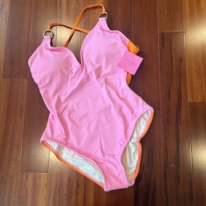 New NWT Kate Spade Surf Pink Orange Swimsuit Solid One-Piece Swim Size Large